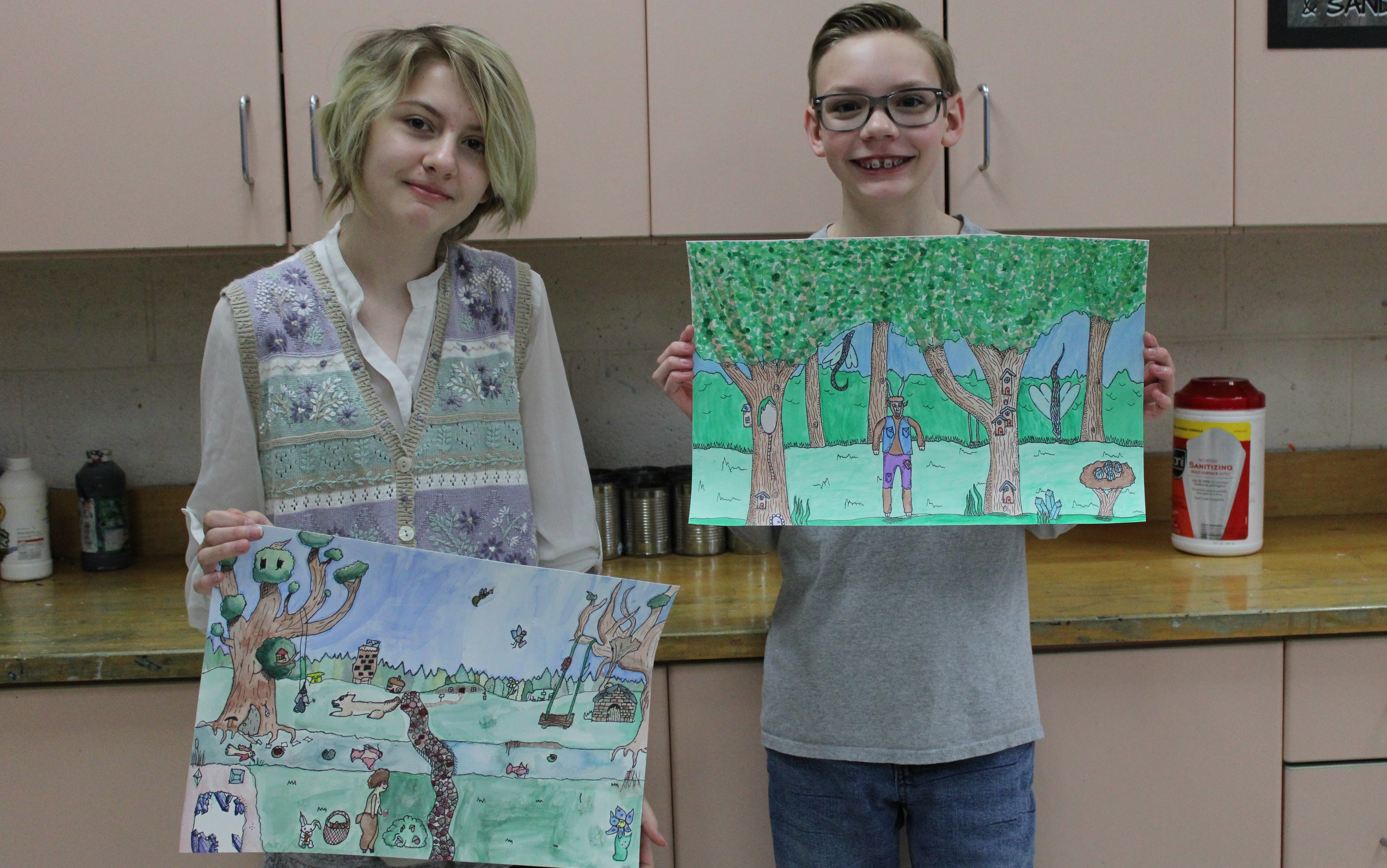 students showing watercolor drawing