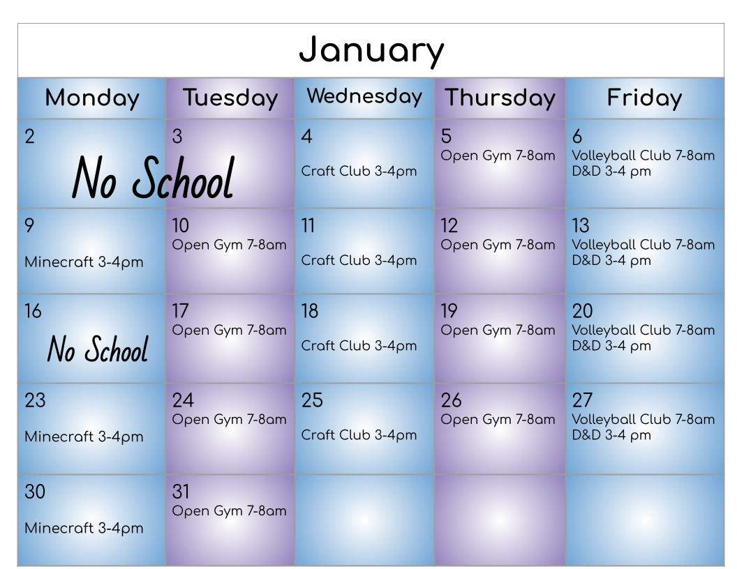 January calendar of intramurals