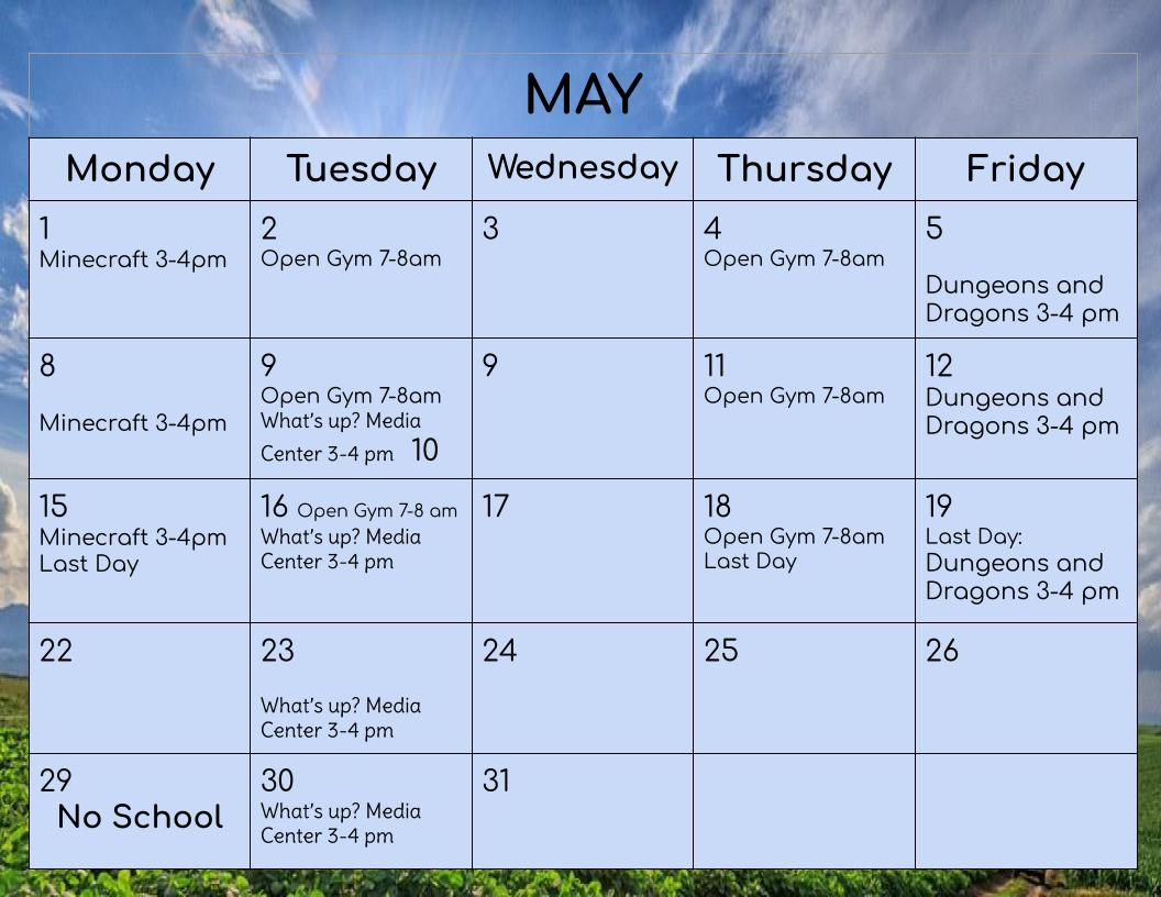Monthly calendar of intramurals