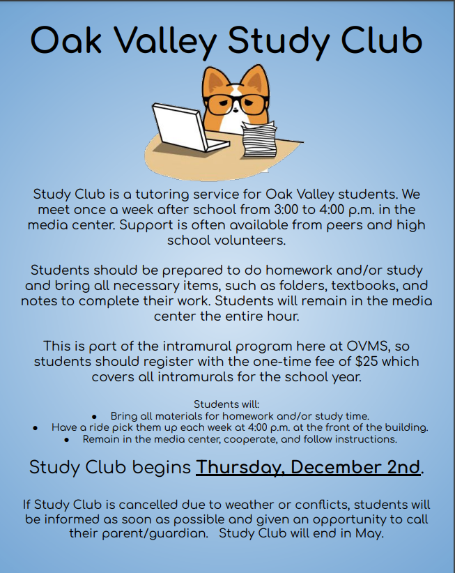 Study Club Registration Form - call office for details