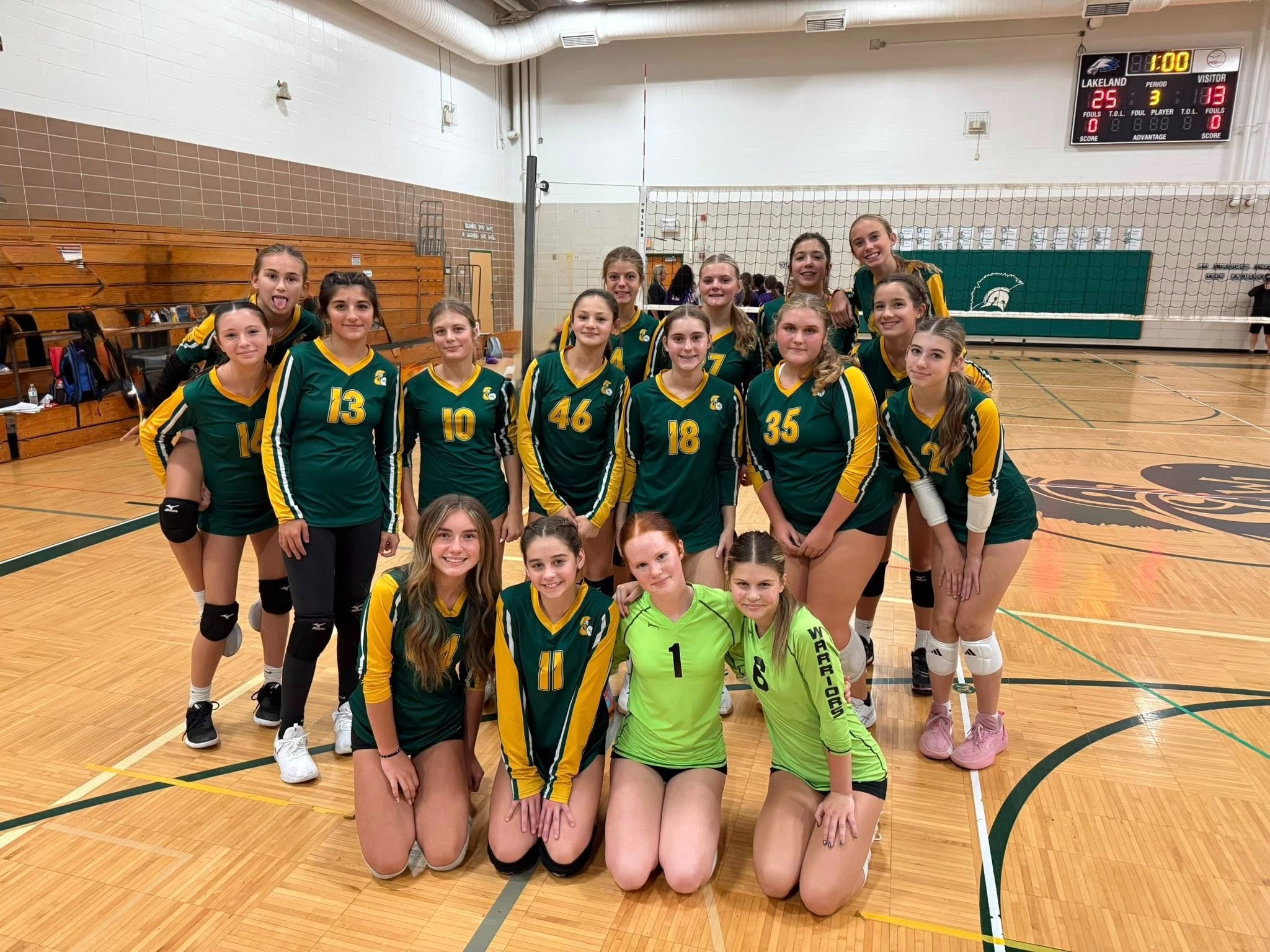 Girls volleyball team photo in gymnasium