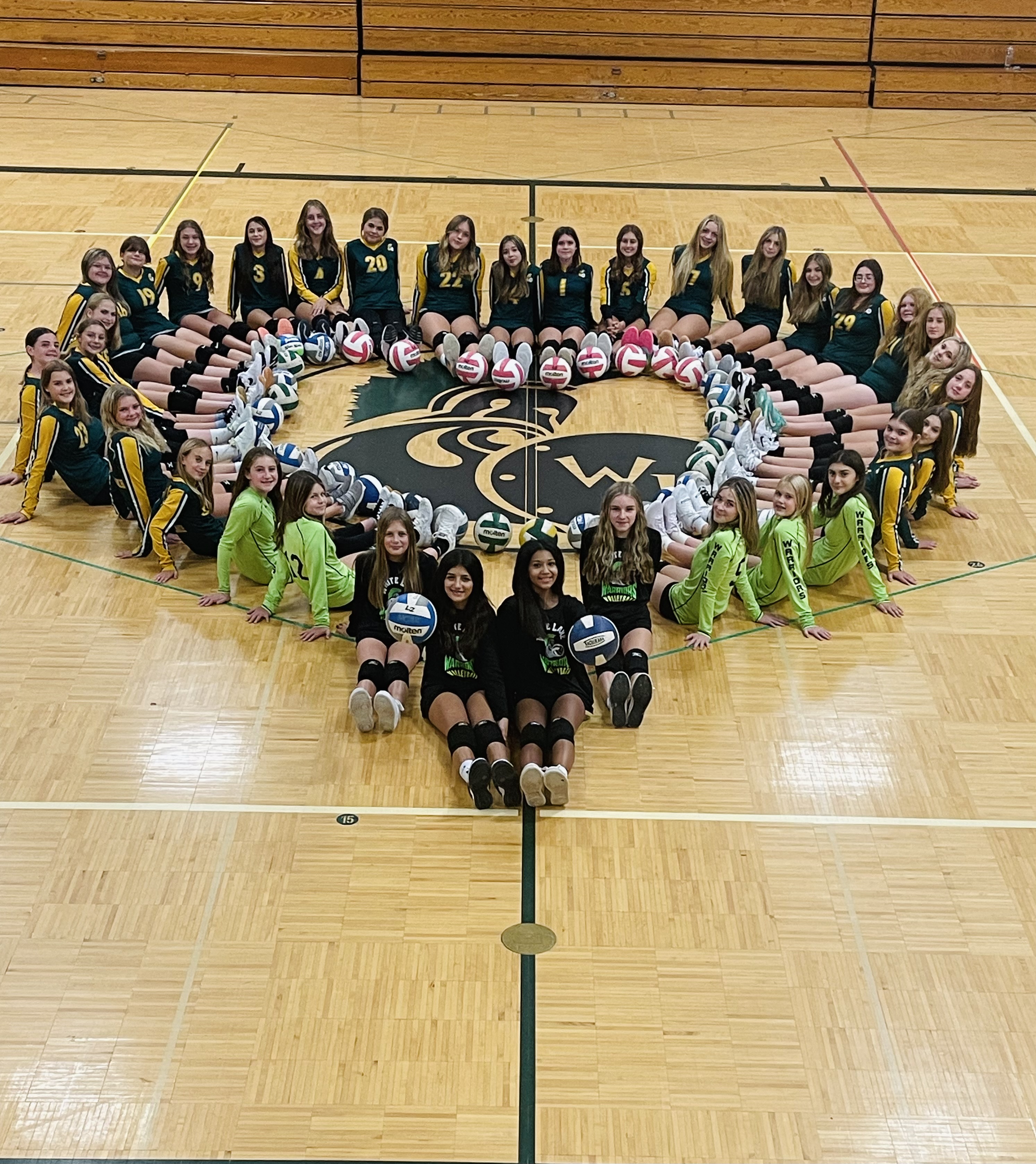 Girls volleyball team photo in gymnasium