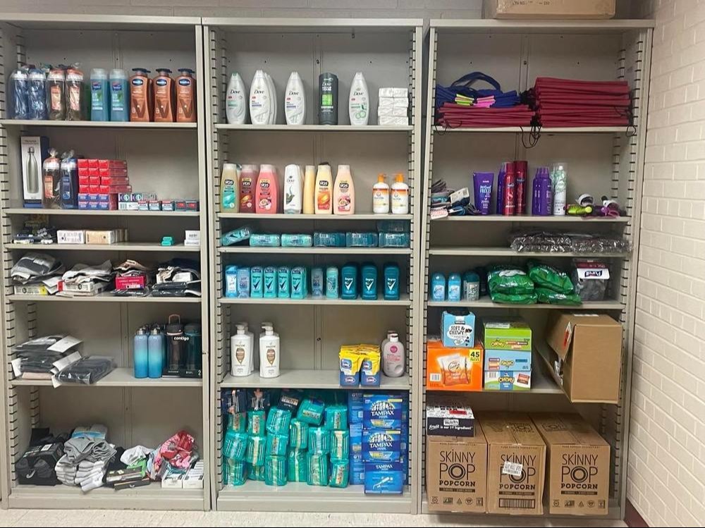 The Mav shed, soap, shampoo and other toiletries on shelf 
