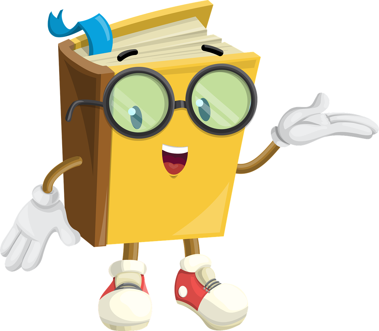 An animated book with glasses and arms and legs.