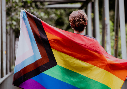 people with rainbow flags and signs support lgbtq+ pride