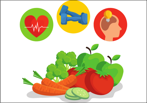 veggies with a heart, weights, and brain for nutrition