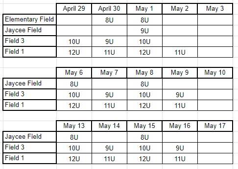 Baseball Practice Schedule