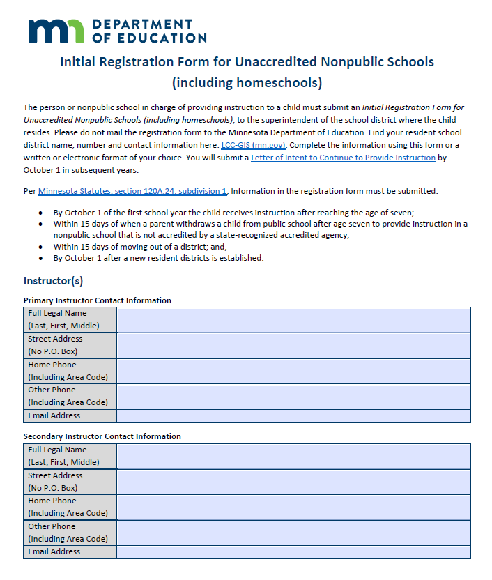 Homeschool Initial Registration Form