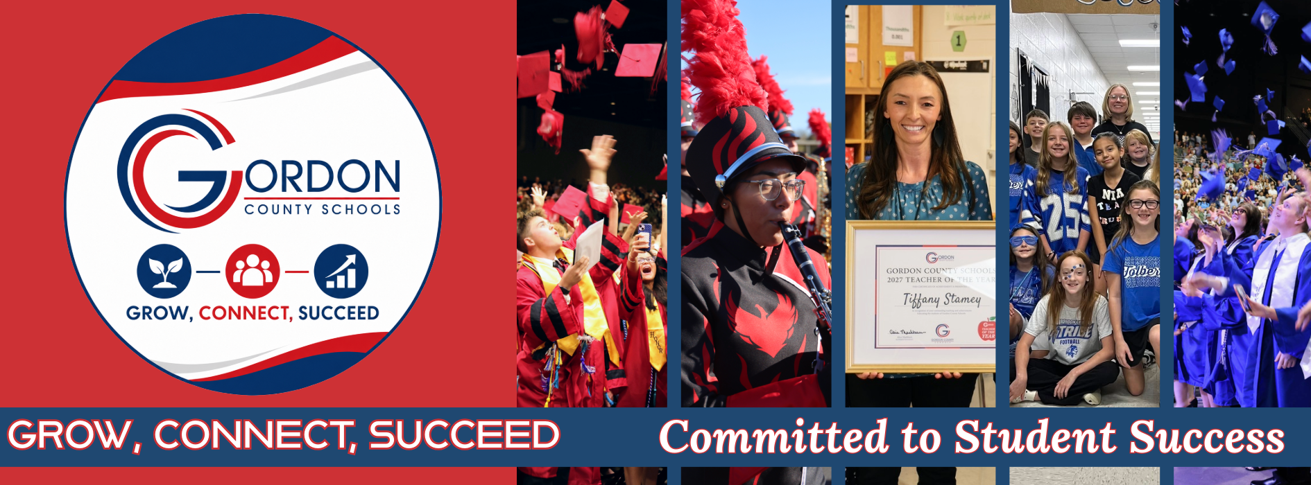 Banner of students and teachers that says Grow, Connect, Succeed: Committed to Student Success