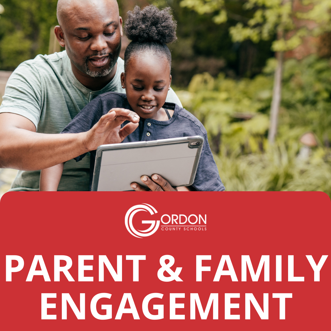 Parent & Family Engagement Button: A picture a dad and daughter on an ipad