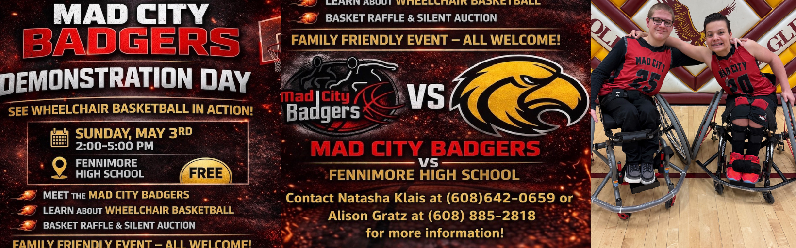 Mad City Badgers Demo Day Info and photo of 2 students in wheelchairs on a basketball court