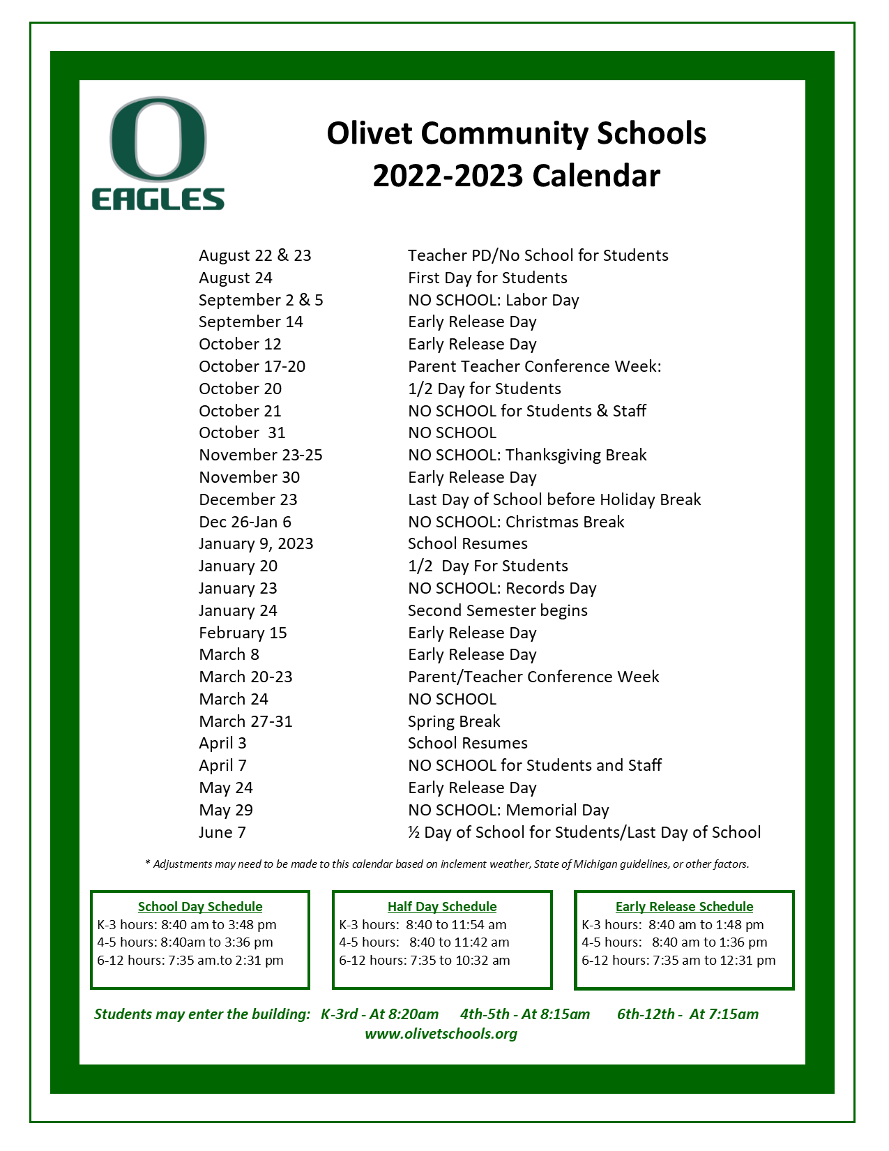 Calendar & Start Times Olivet Community Schools