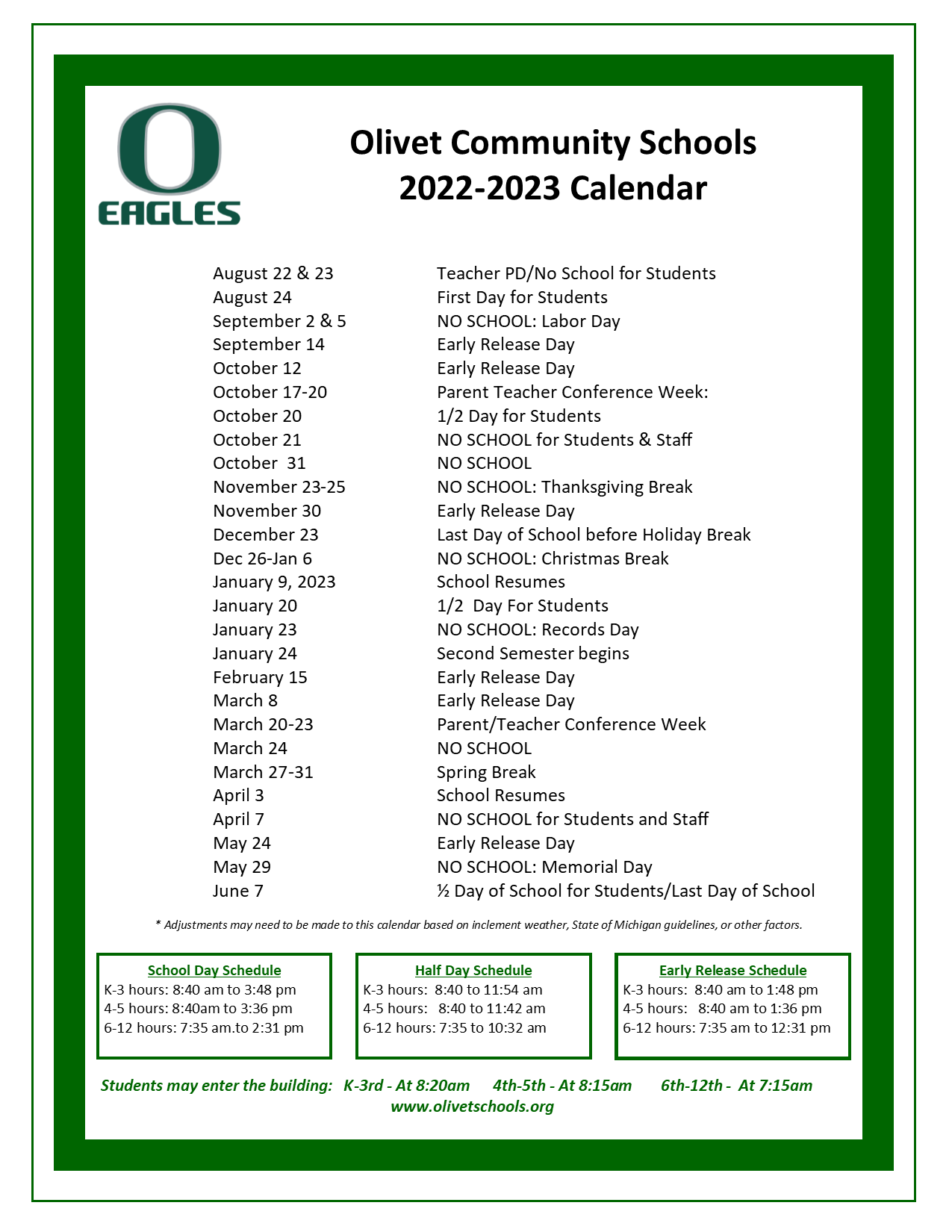 Calendar Start Times Olivet Community Schools