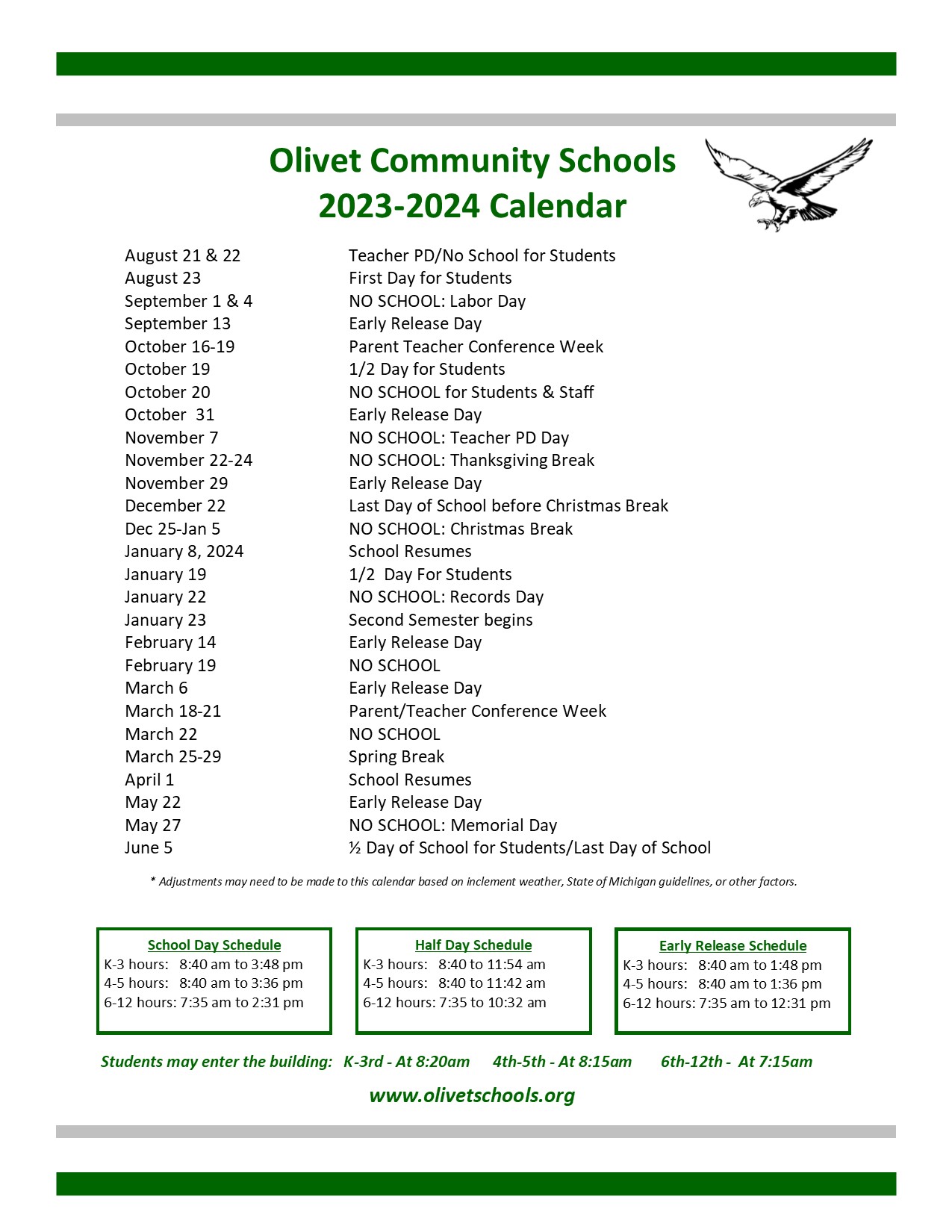 Calendar & Start Times Olivet Community Schools