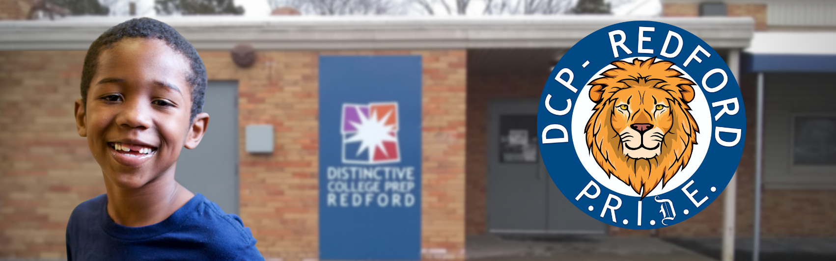 DCP Redford student smiling, campus exterior, round logo