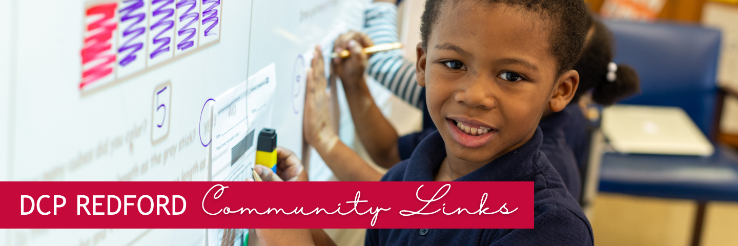 Community Links header –student at white board