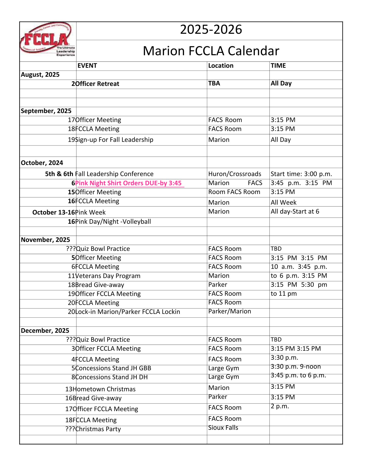 FCCLA 2025 Calendar Page 1