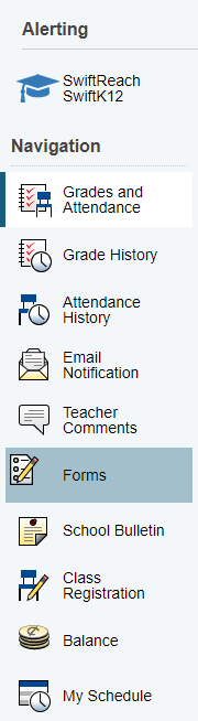 Parent Portal navigation menu