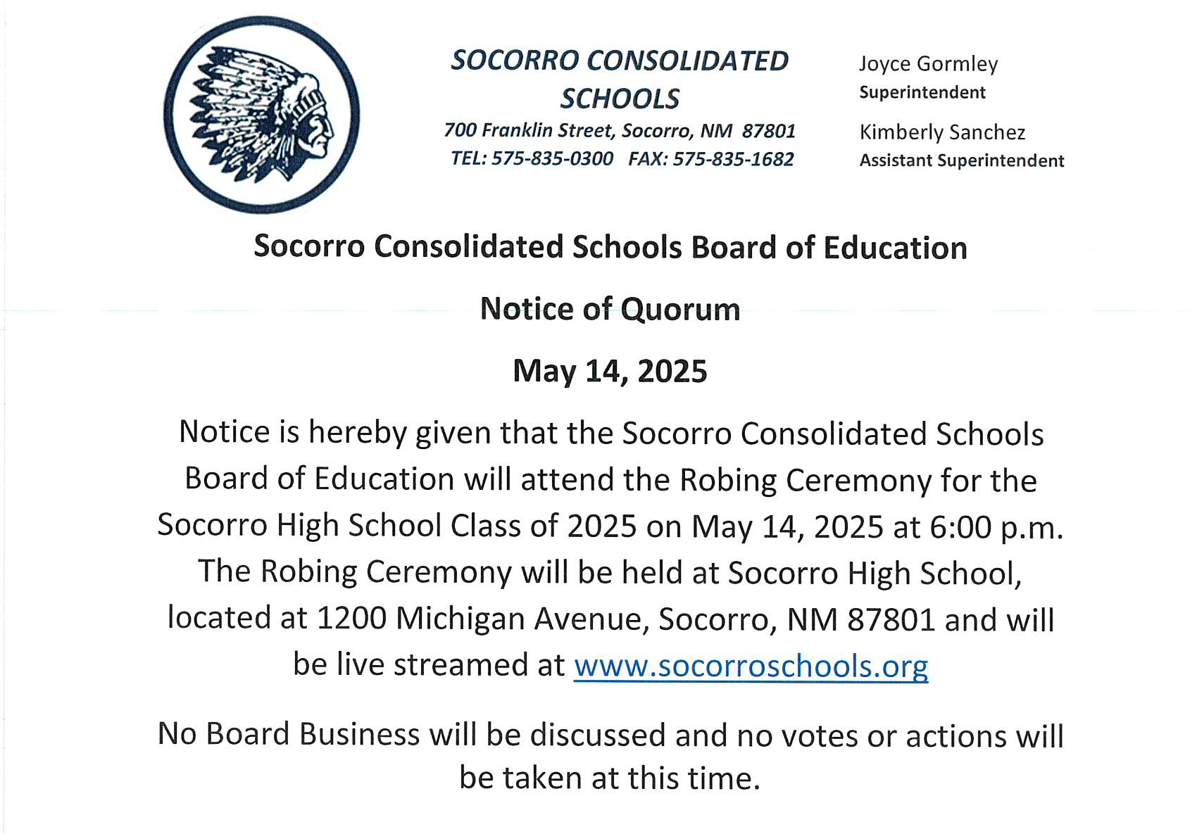 Notice of Quorum