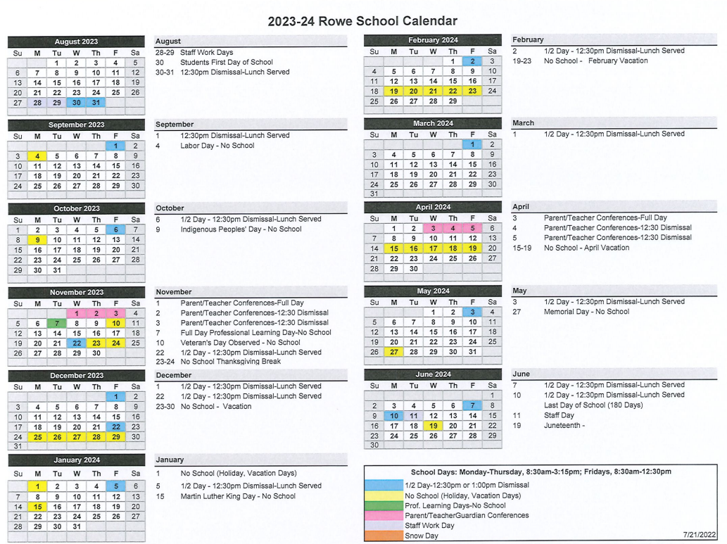 Calendar | Rowe Elementary School Calendar | Rowe Elementary School