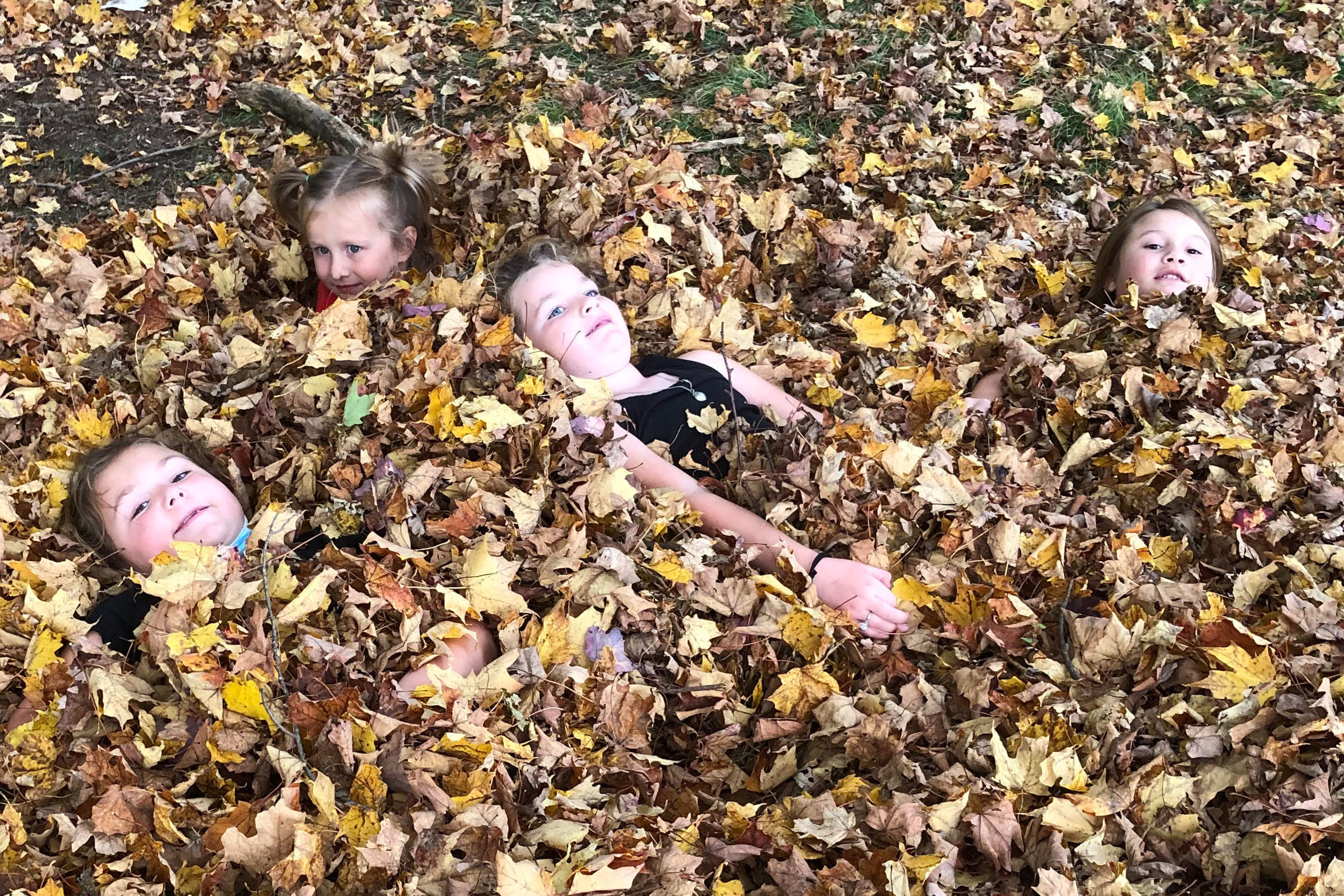 Children lost in fall leaves.