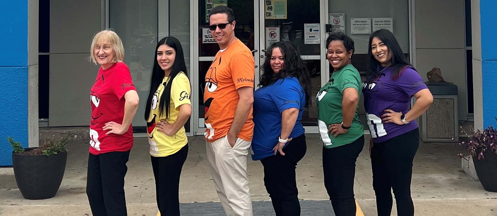 Ms. Pasic, Ms. Gil, Mr. Melendez, Ms. Wendy, Ms. Johnson, and Ms. Stefany all lined up for the M&M STAAR Benchmark Performance Photo Shoot