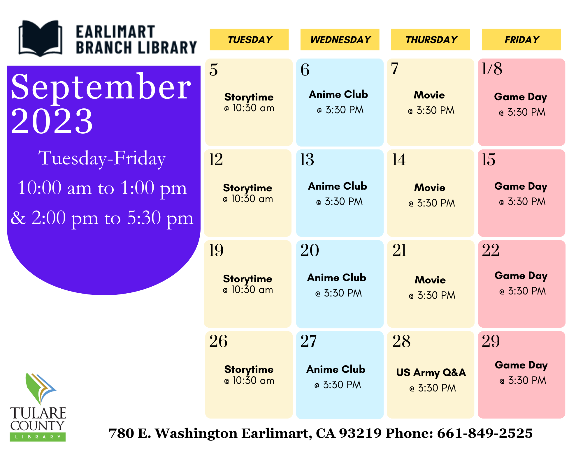 Tulare county library logo, Event calendar (information in article)