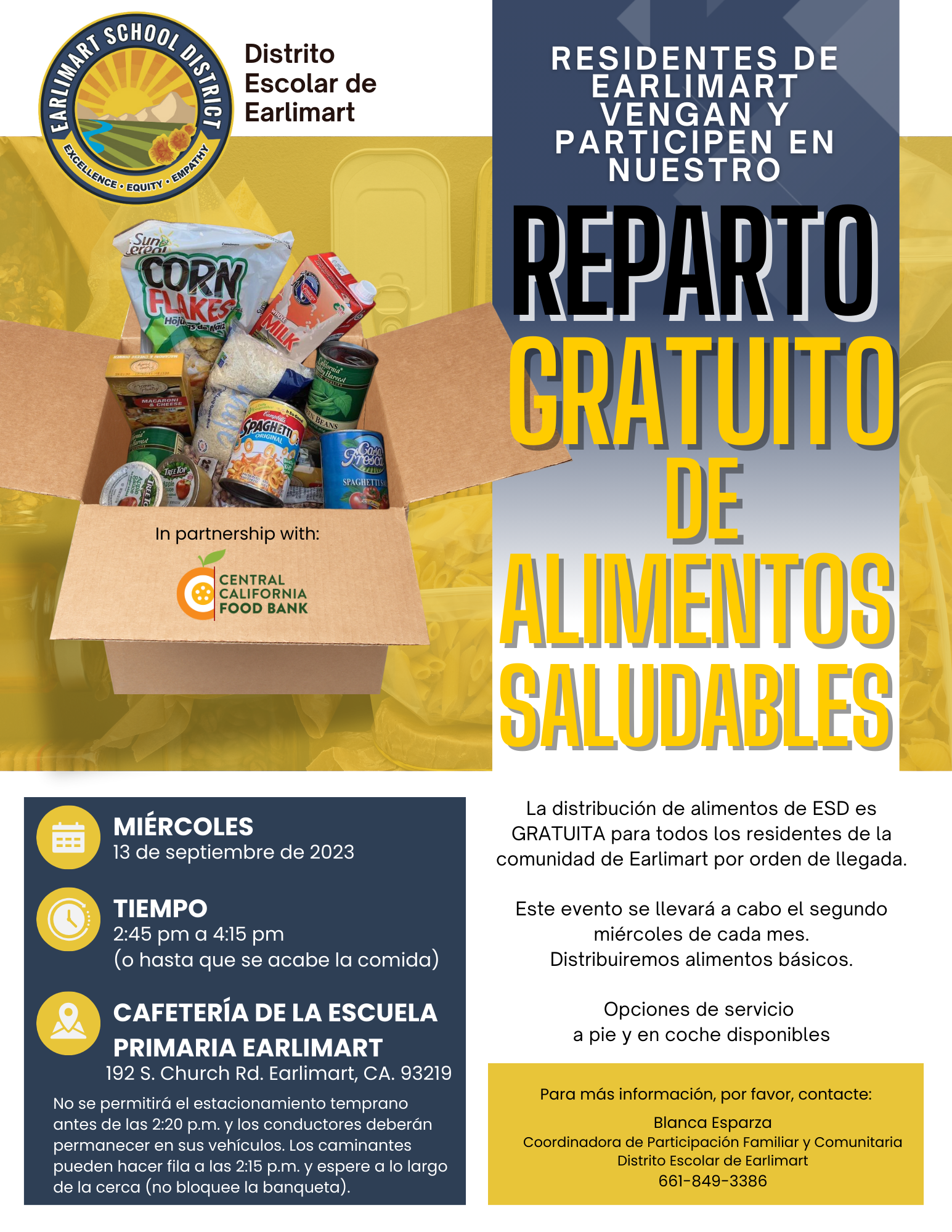 ESD logo, Box with food staples, information on free food distribution (all information in article) Spanish version