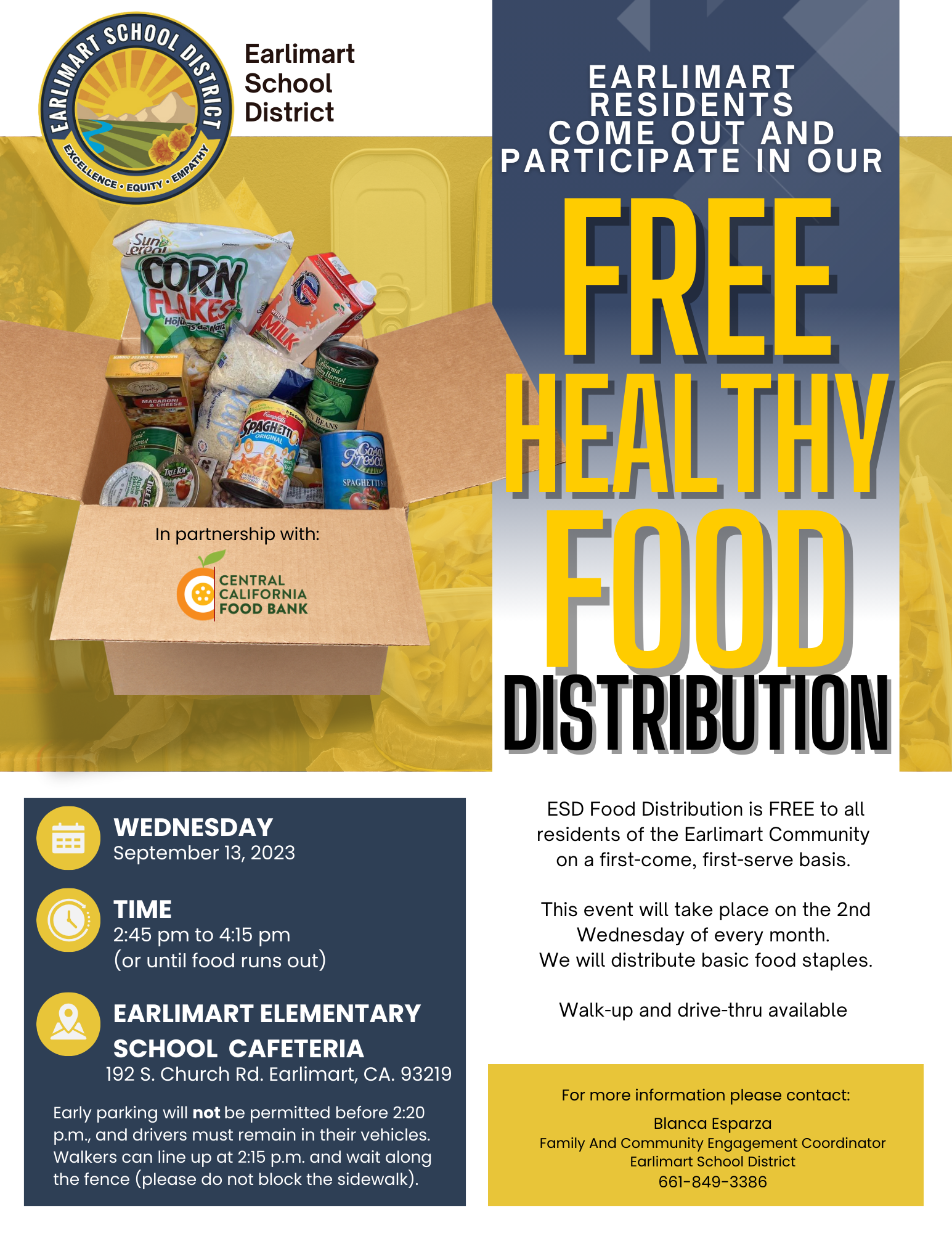 ESD logo, Box with food staples, information on free food distribution (all information in article)