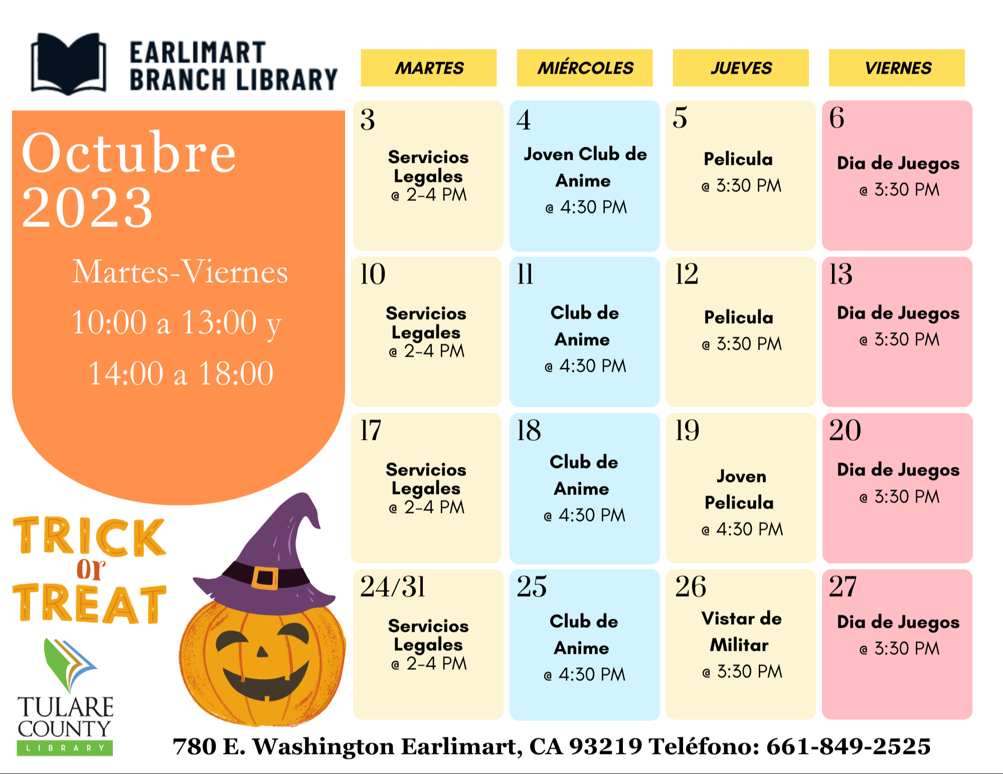 Tulare county library logo, Event calendar (information in article)