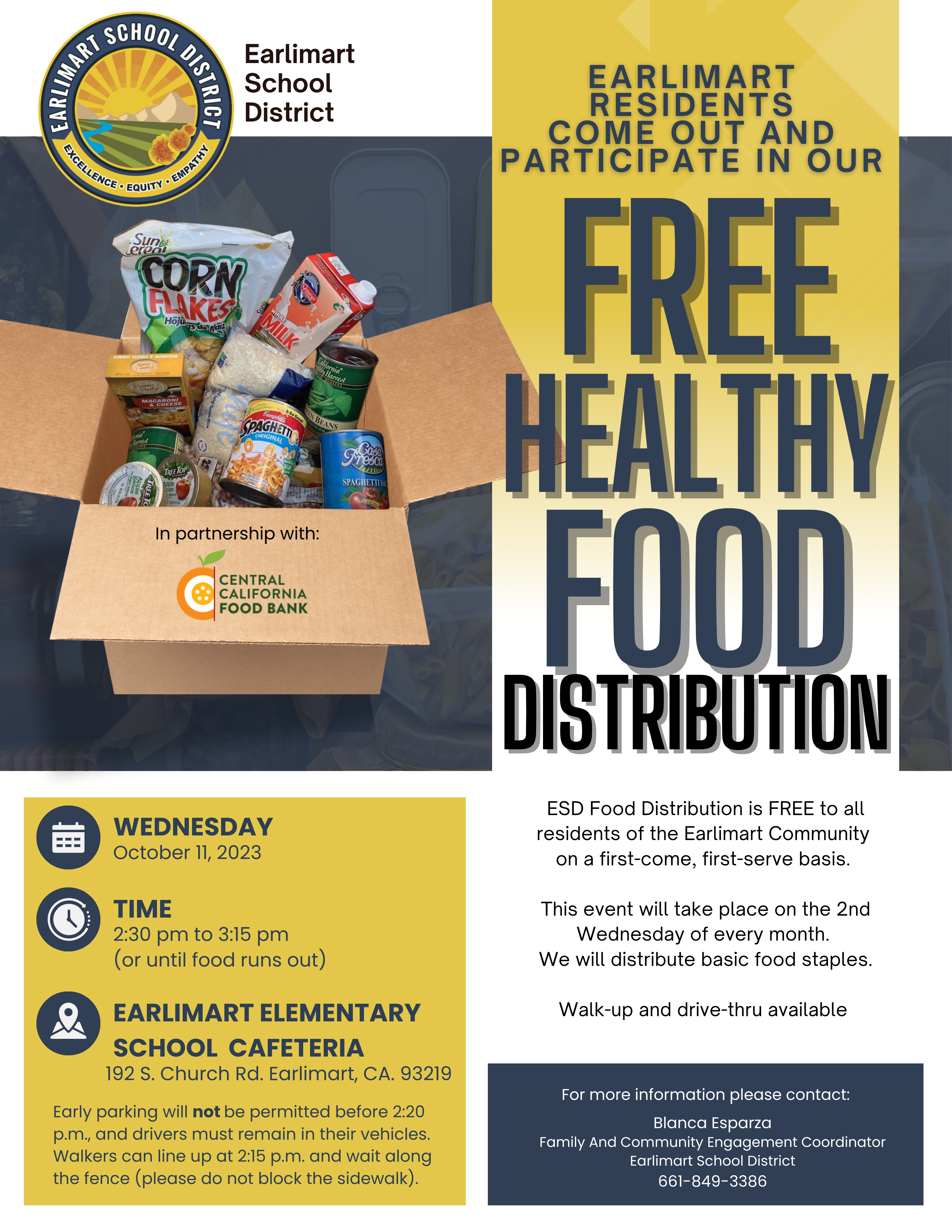 ESD logo, Box with food staples, information on free food distribution (all information in article)