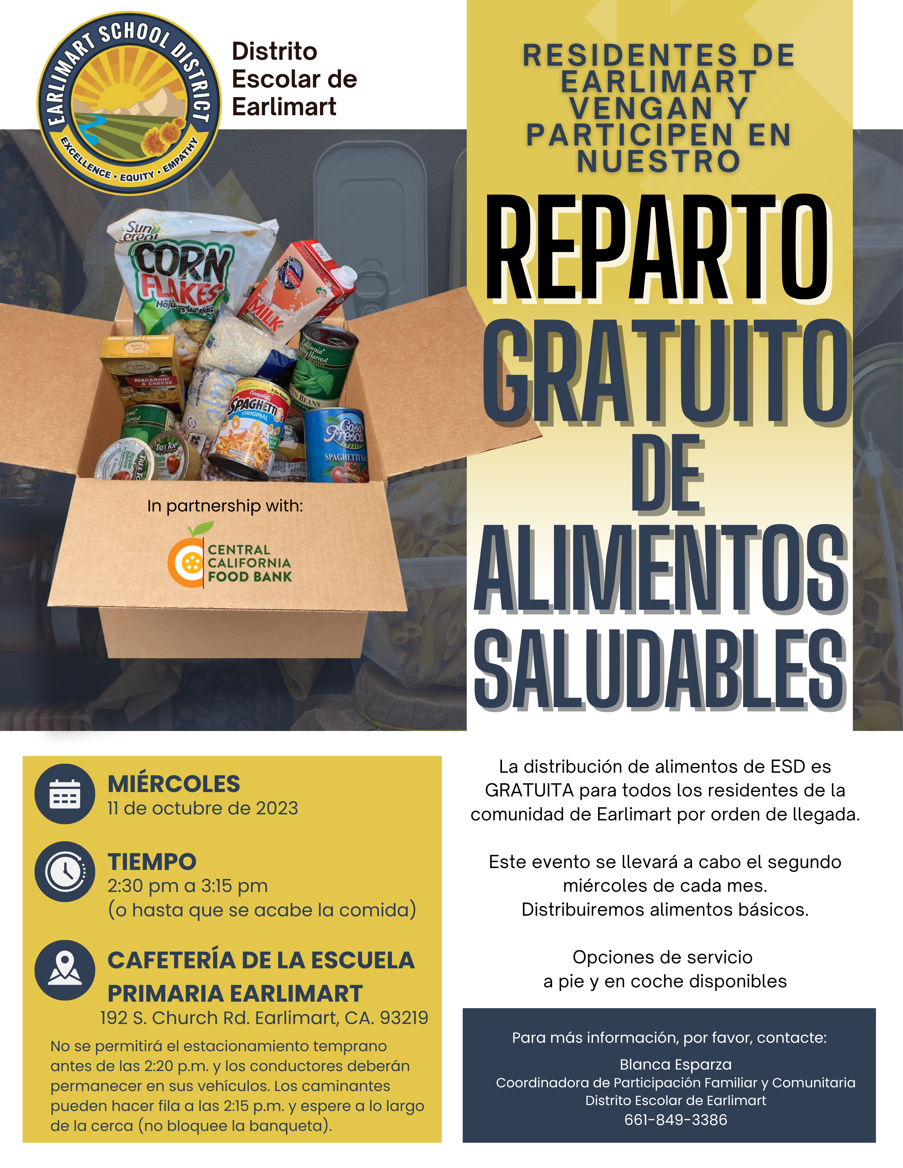ESD logo, Box with food staples, information on free food distribution (all information in article) Spanish version