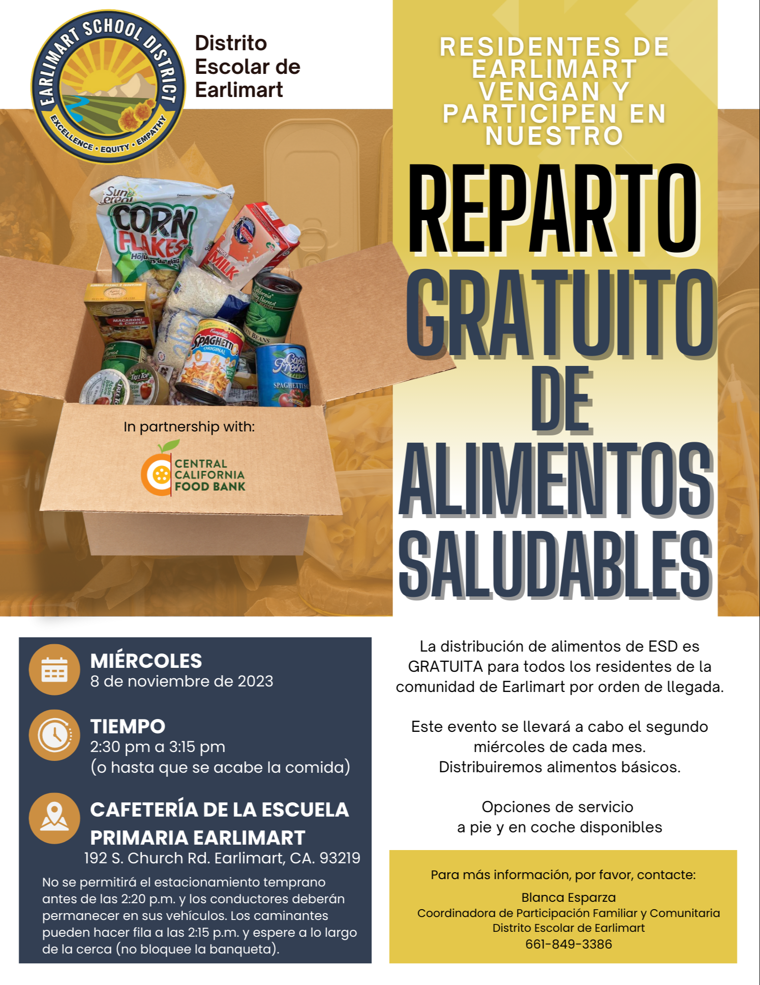 ESD logo, Box with food staples, information on free food distribution (all information in article) Spanish version