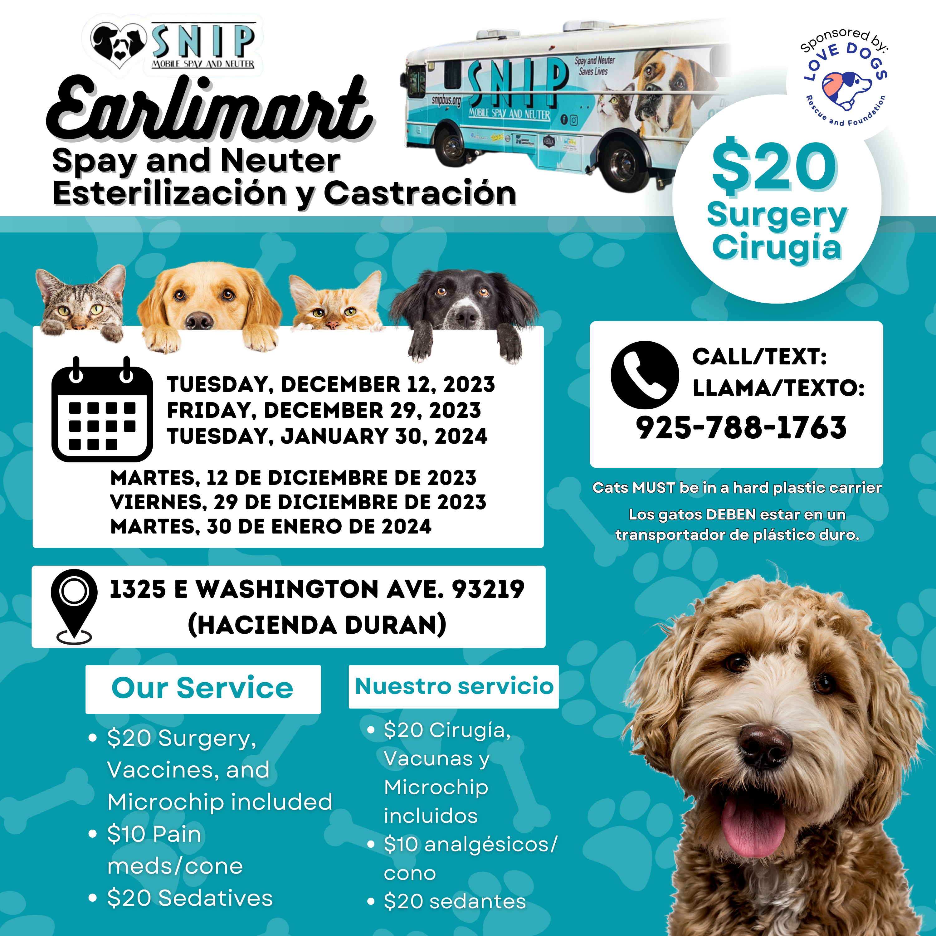 SNIP logo, SNIP bus (mobile spay & Neuter), LOVE DOGS logo, cats and dogs, information in acticle
