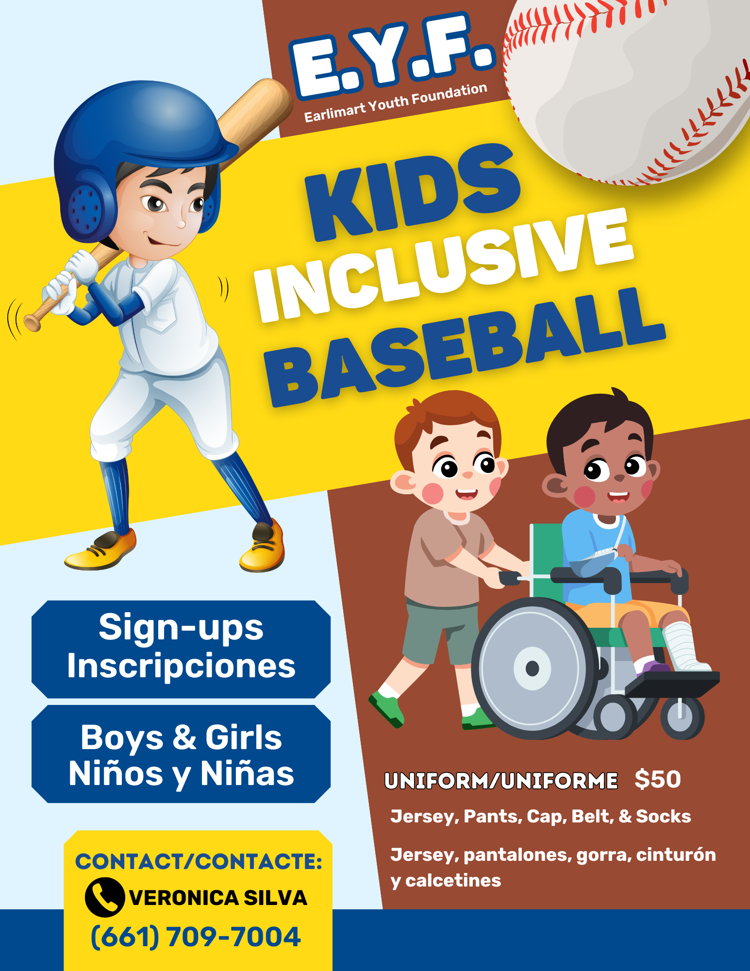 Child playing baseball, child pushing a child in a wheelchair
