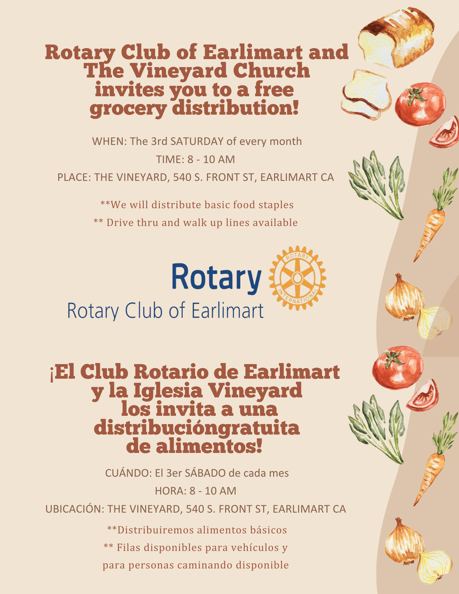 Rotary logo, decorative border of food items, Written information in the article