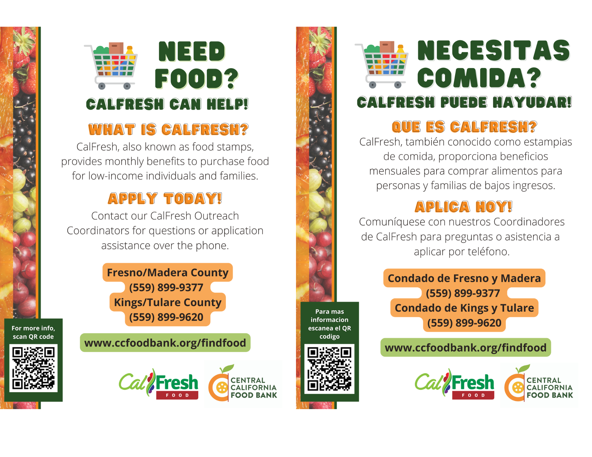 fruit boarder, shopping cart, QR code, Calfresh logo, CCFB logo, all written information in article