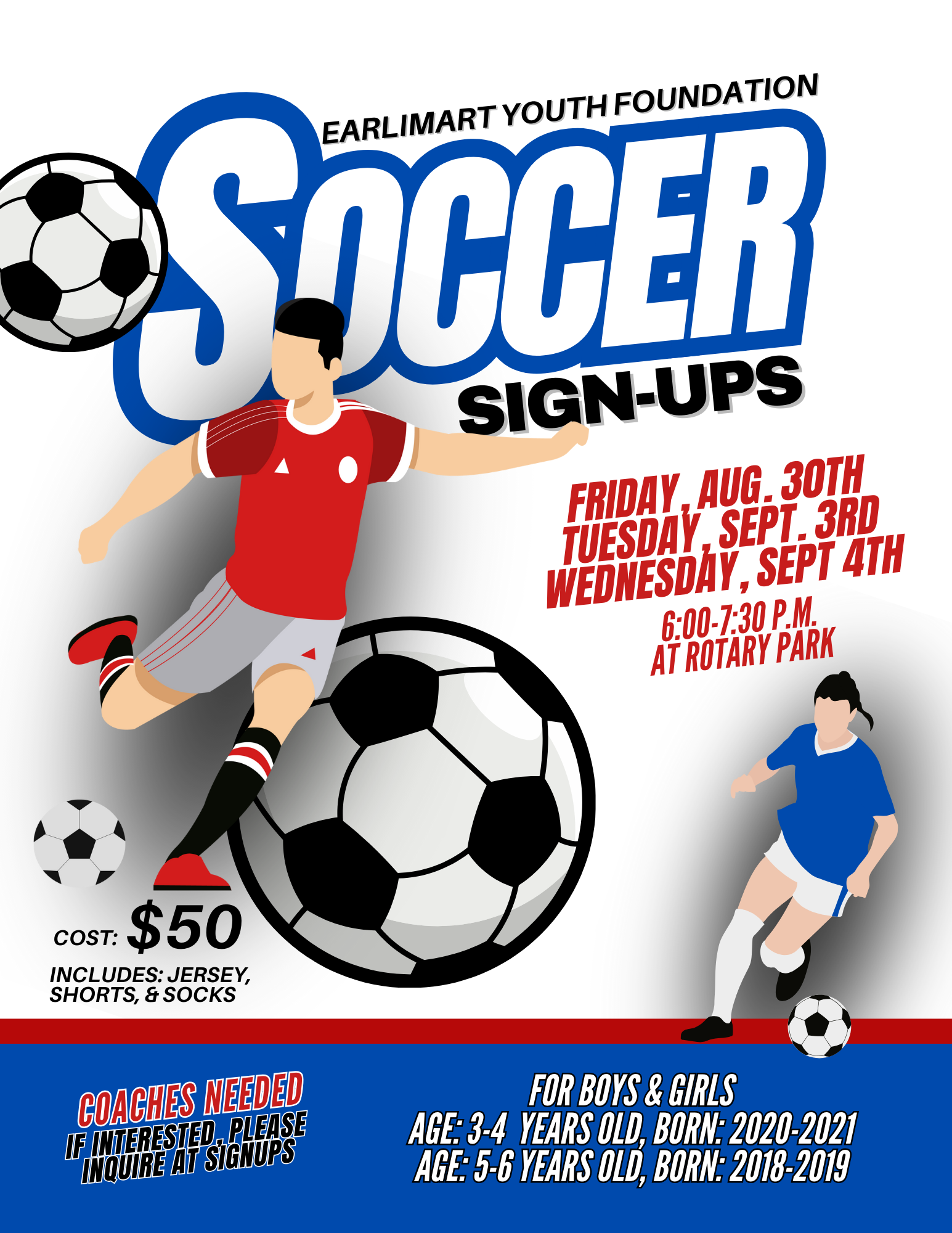 Earlimart youth Foundation Soccer sign up flyer, boy with soccer ball,  information  details in article