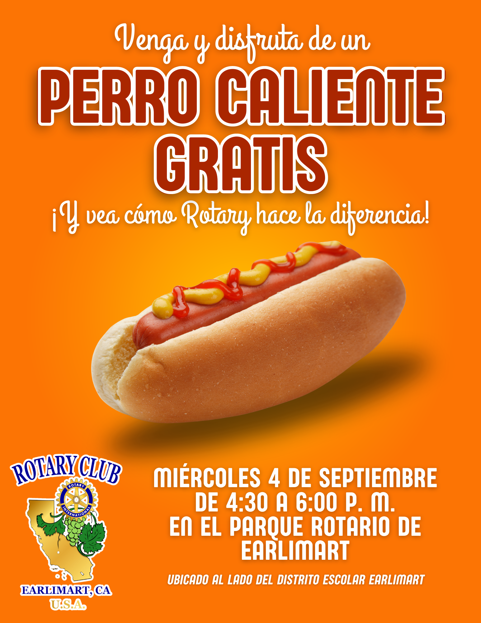 Earlimart Rotary Club logo, hot dog, flier information in article (Spanish version)