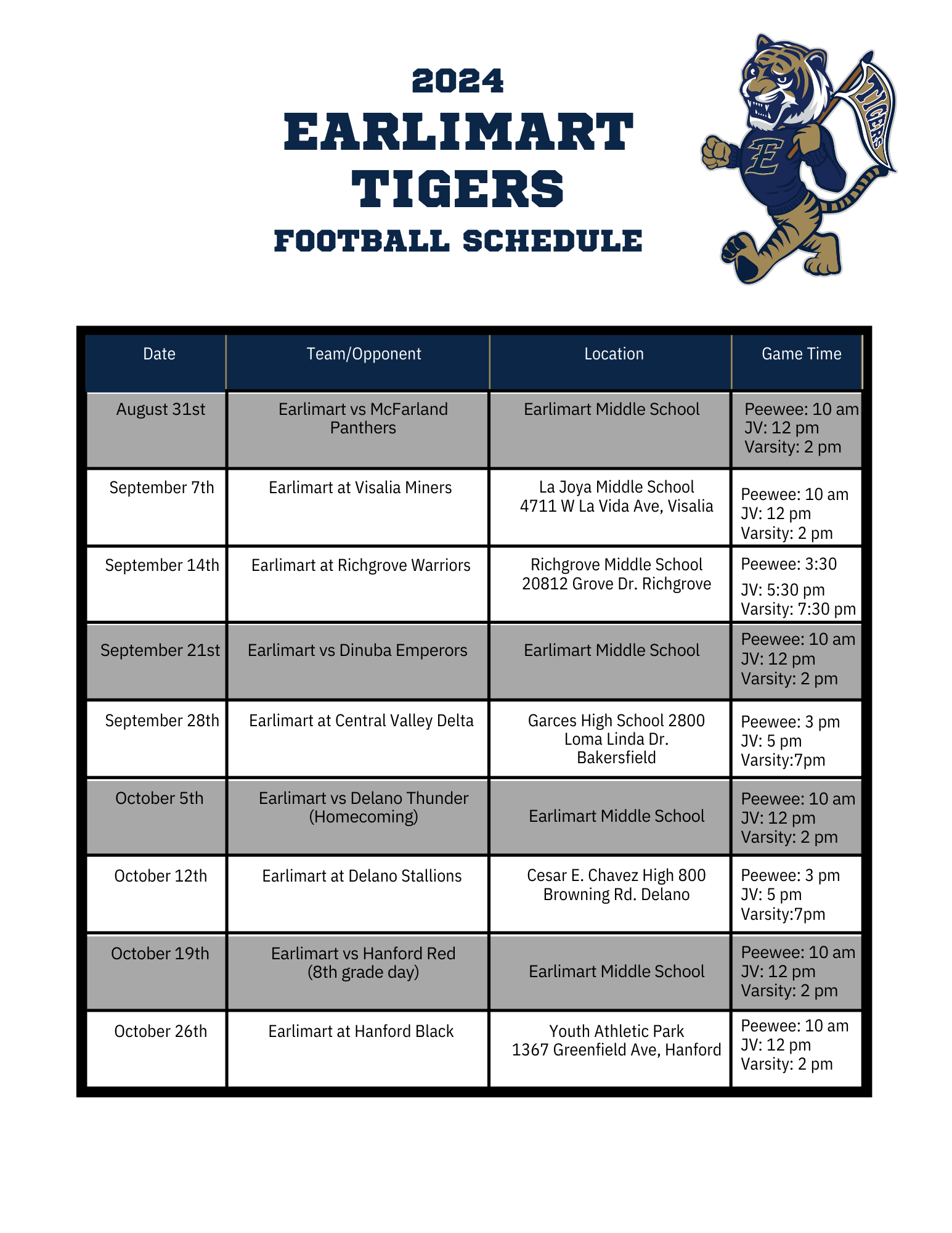 EYFO Earlimart tiger football mascot, schedule information in article