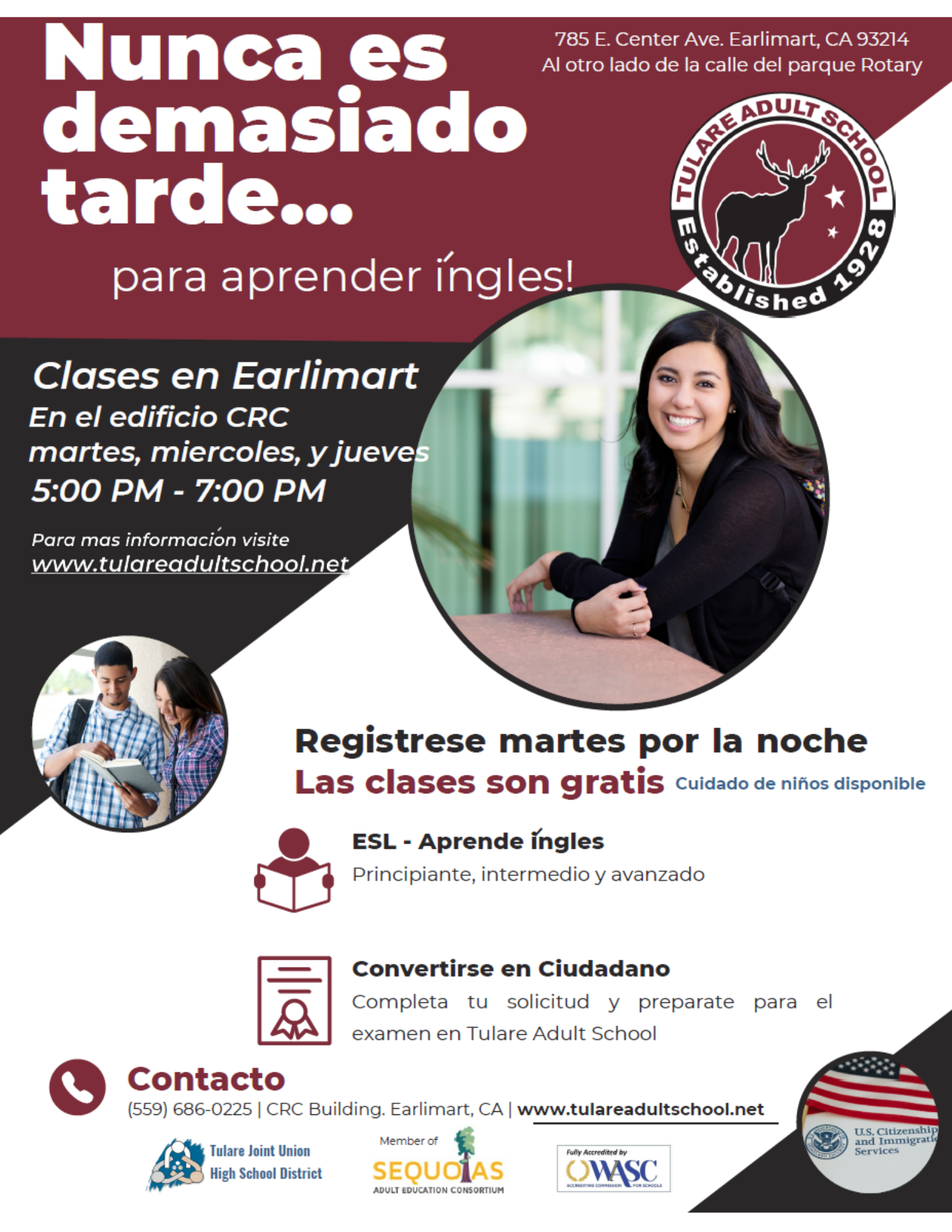 Flyer for Tulare Adult School classes in Earlimart, smiling woman, all details in article 