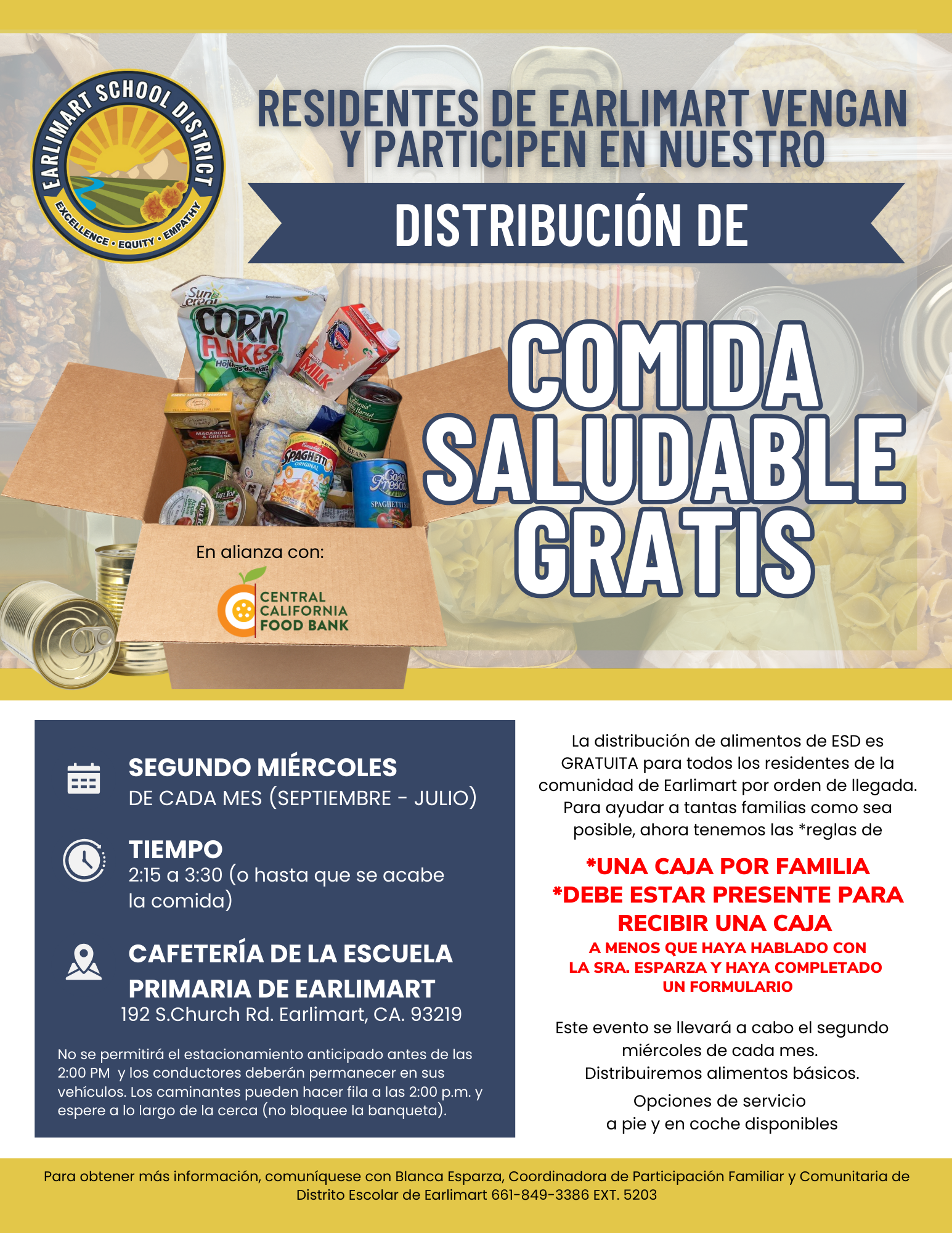 food distribution flyer, logos for ESD and CCFB, food items in a box, a;; written information in the article (Spanish  version)