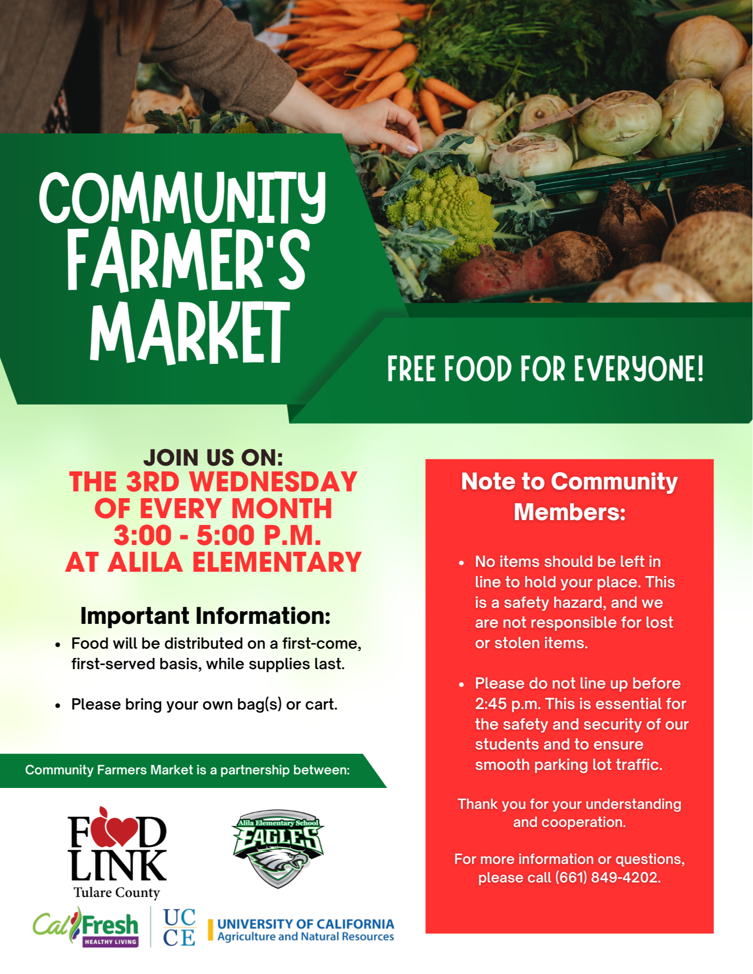 vegetables, Alila school logo, CalFresh logo, UCCE logo, Food link logo, flyer for Farmers market, all written information in article 