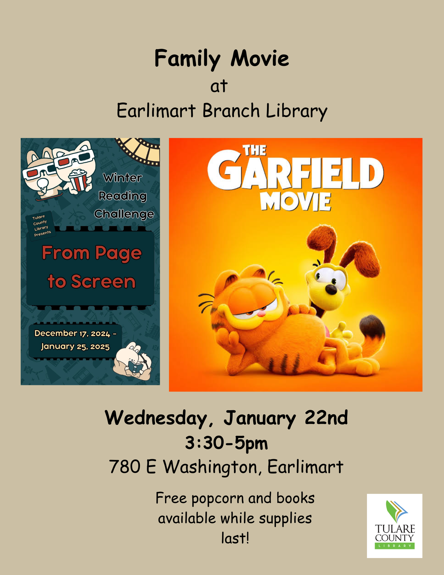 Free Movie viewing (poster for Garfield) at the library on Jan. 24 at 3:30 pm, Free popcorn and books while supplies last