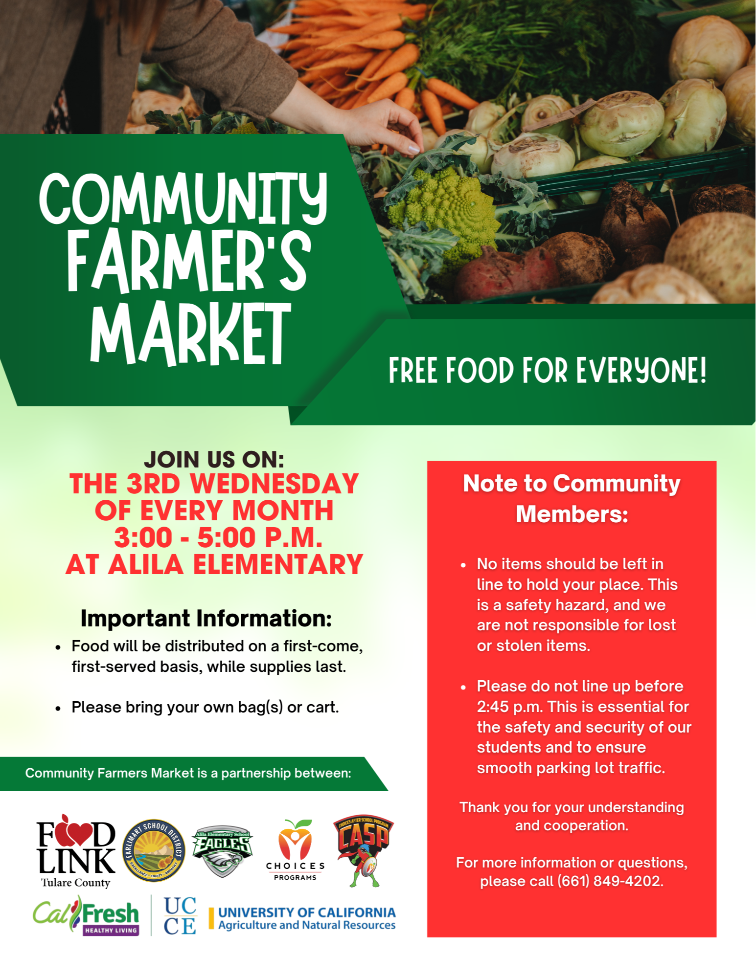 vegetables, Alila school logo, CalFresh logo, UCCE logo, Food link logo, flyer for Farmers market, all written information in article 