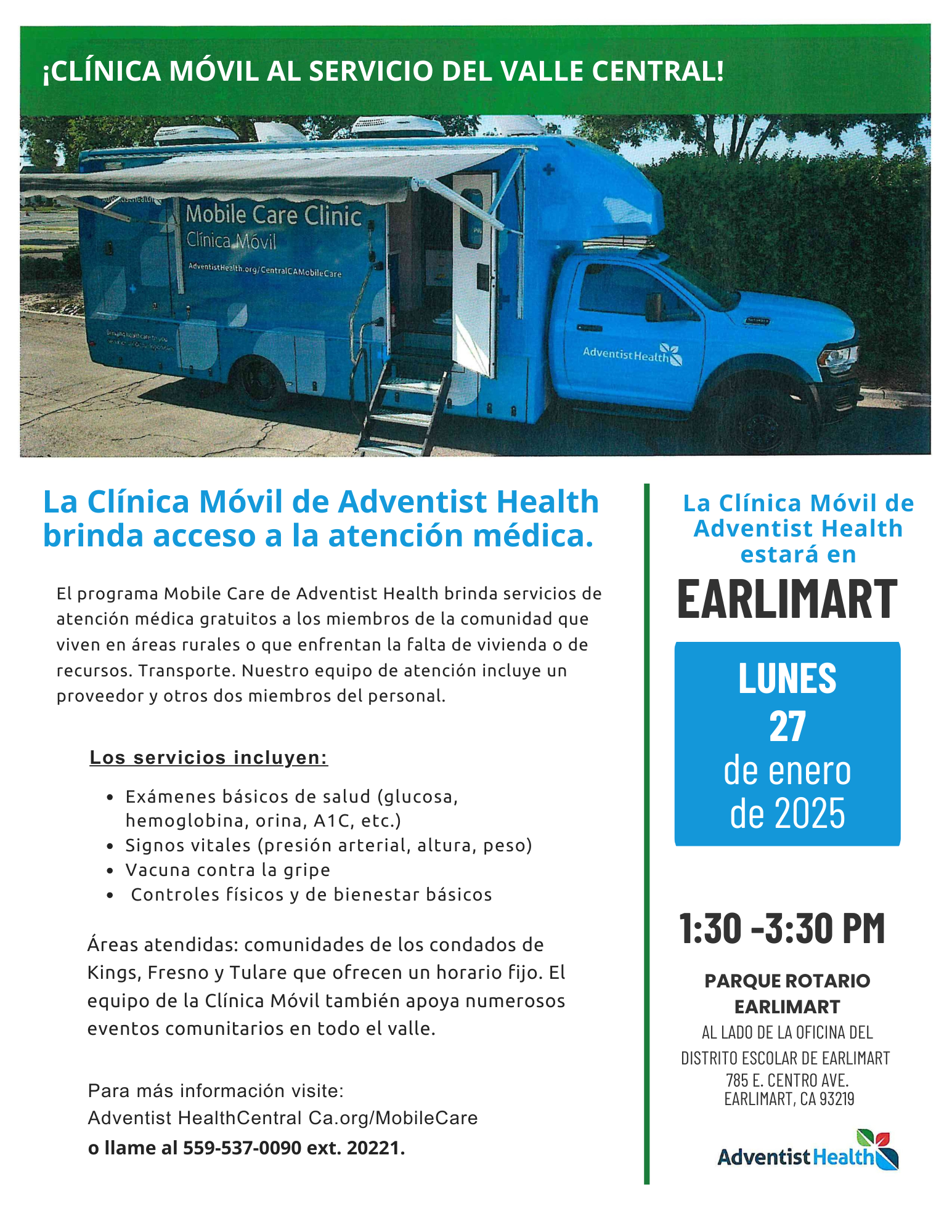 Adventist Health Mobil Care flyer, all information in article image of mobile care van