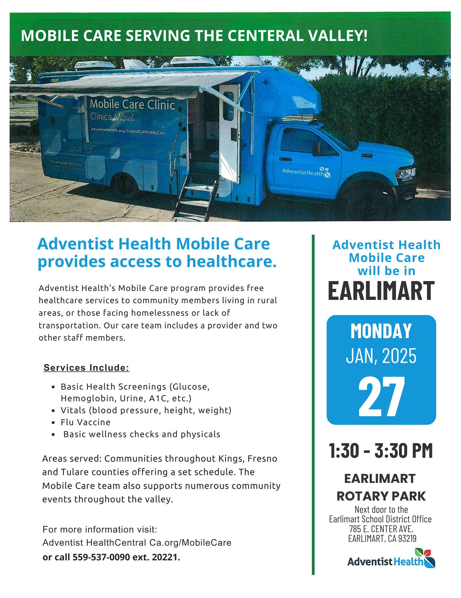 Adventist Health Mobil Care flyer, all information in article image of mobile care van