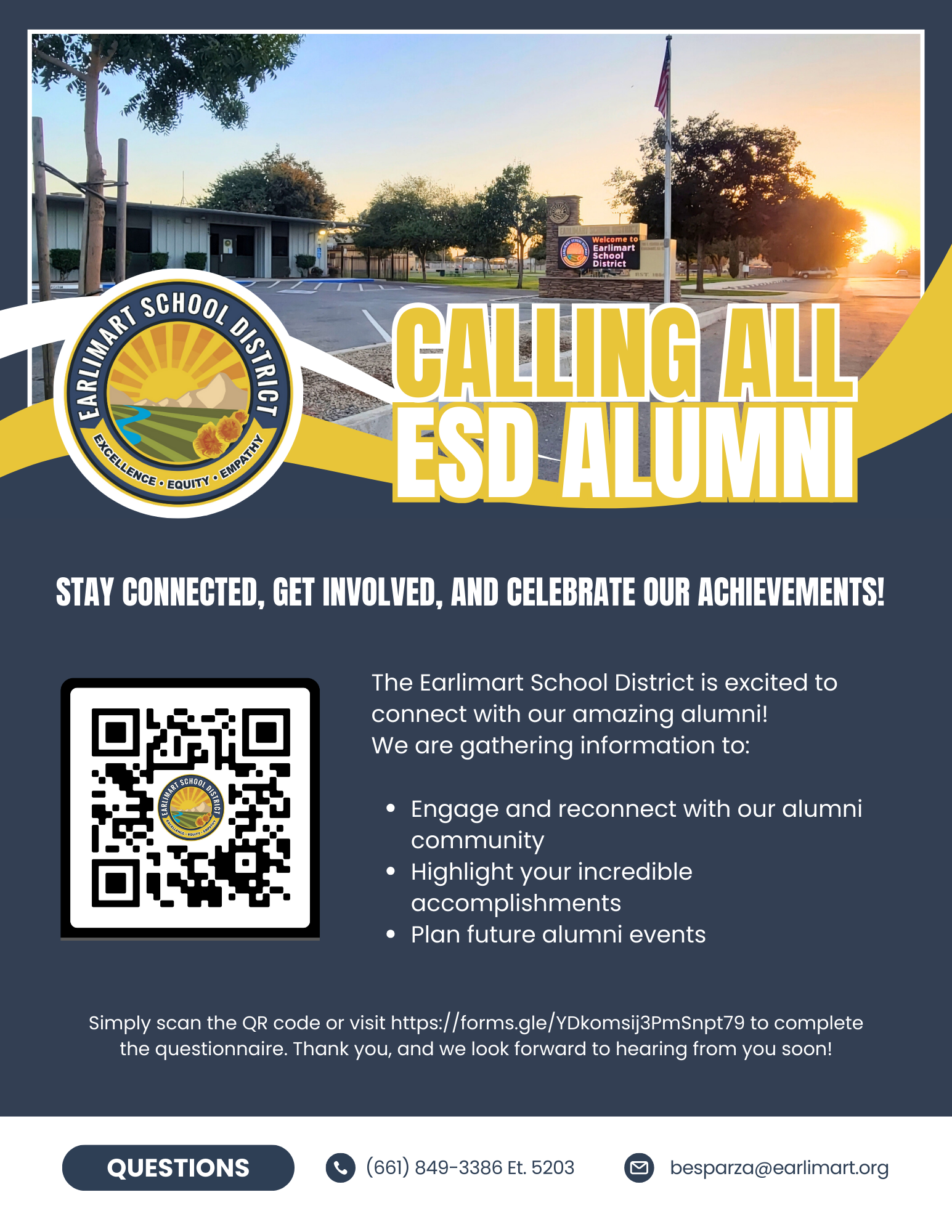 ESD Alumni Flyer, ESD logo, ESD office, all details in article