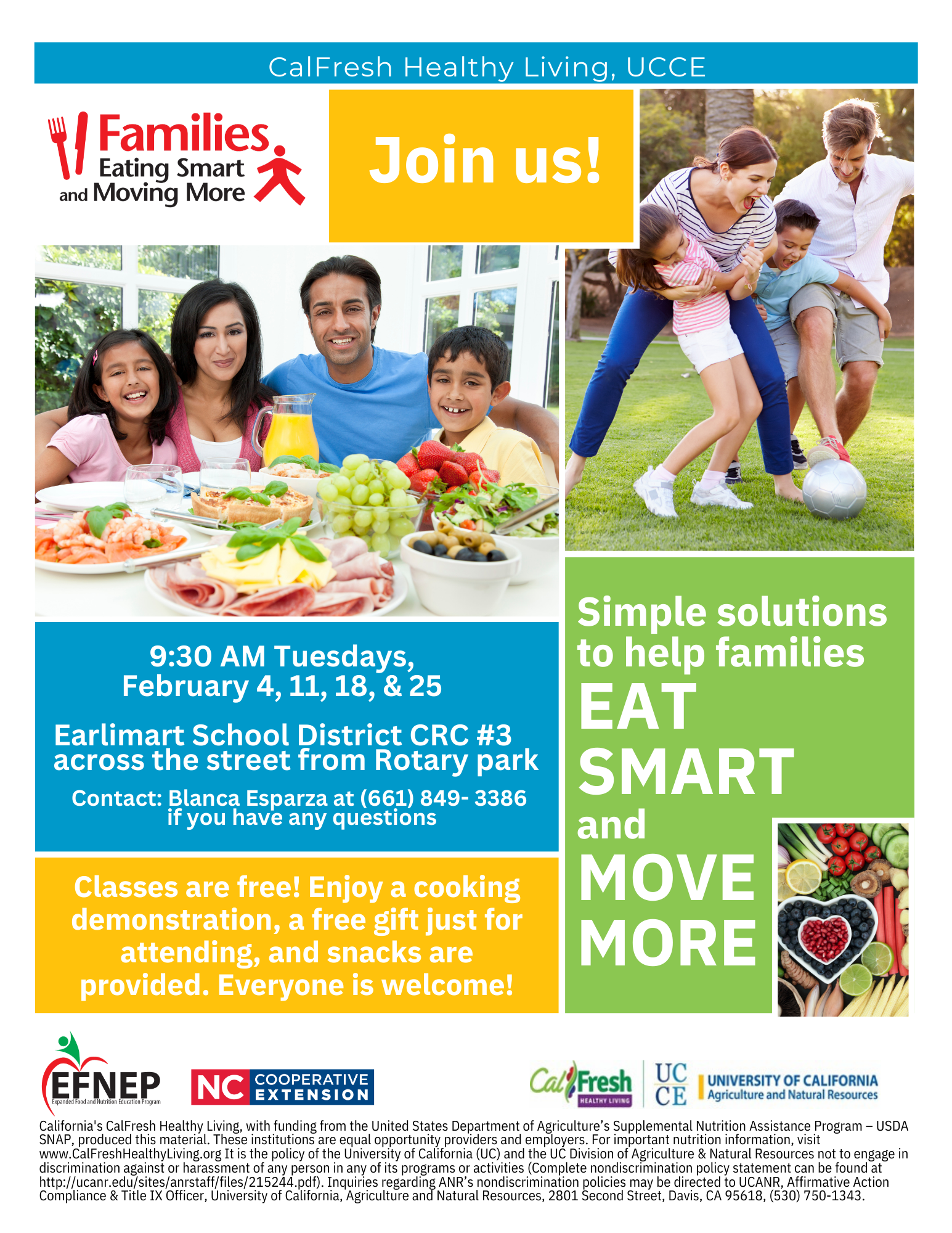 Nutrition class flyer, images of healthy food, families being active, family eating healthy (all written details in the article)