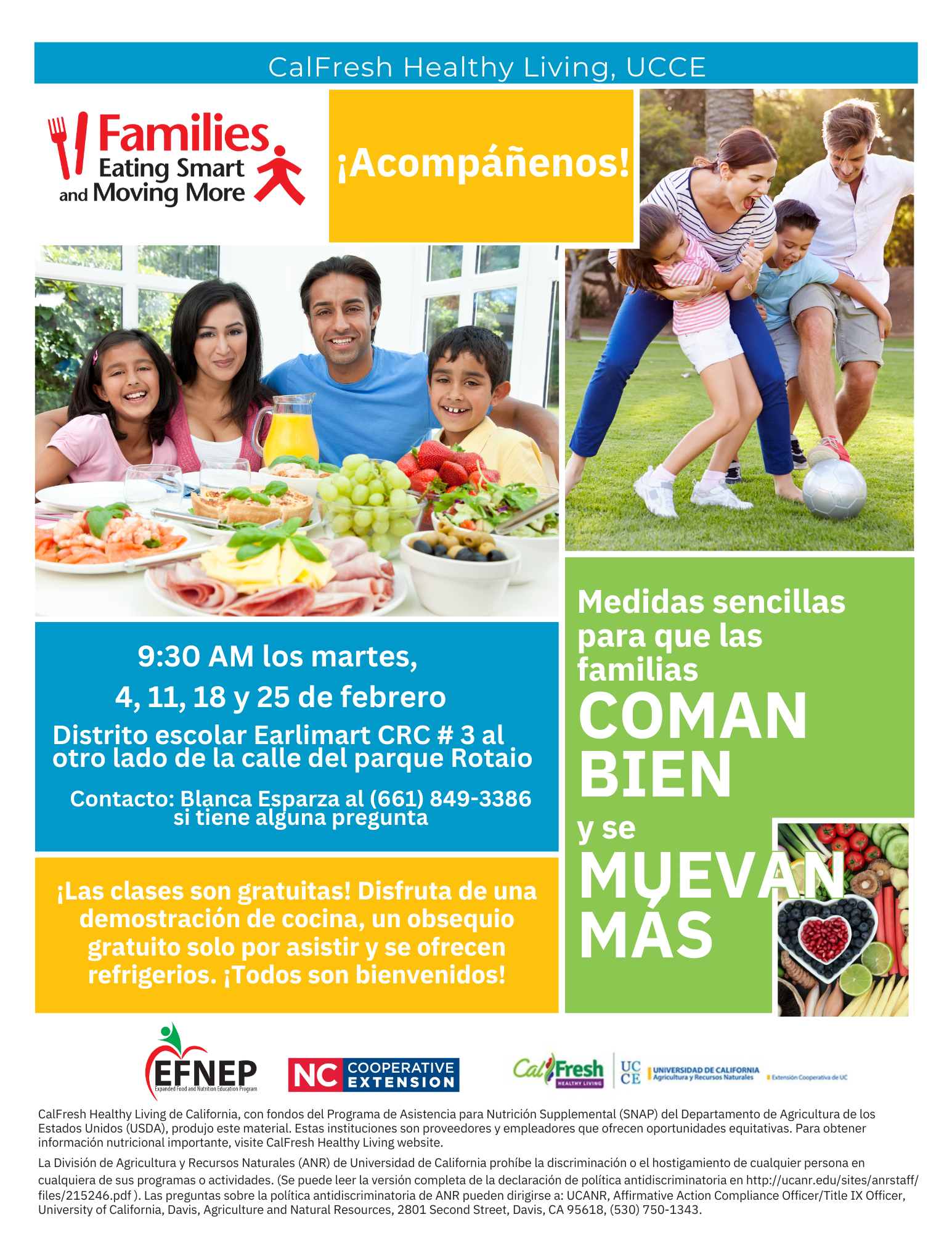 Nutrition class flyer, images of healthy food, families being active, family eating healthy (all written details in the article) spanish version